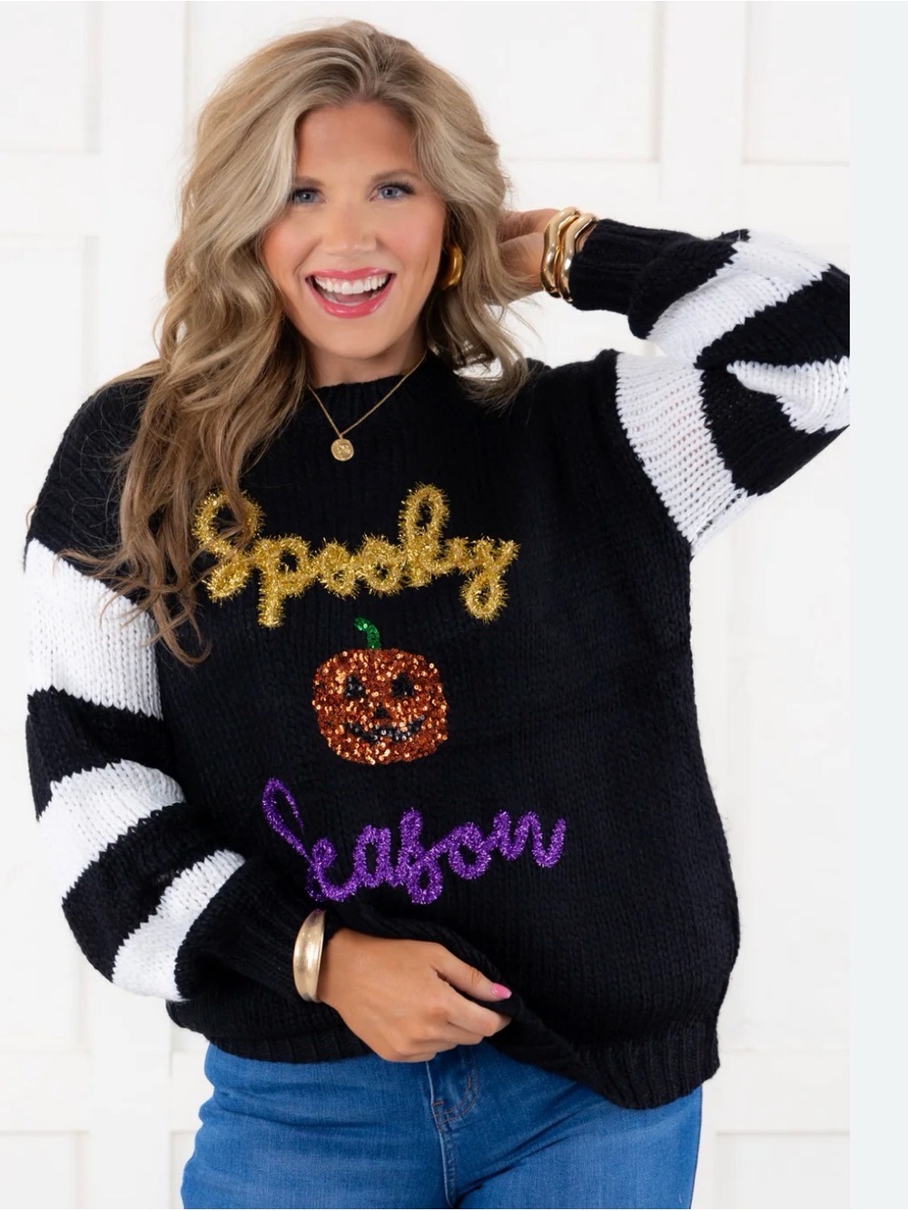 New Main Strip Medium Spooky Season Black Knit Sweater with Striped Sleeves